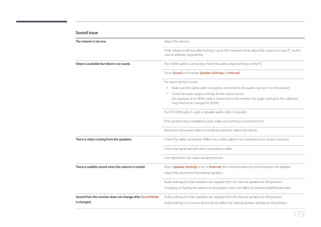 Samsung LH40DHEPLGC/CH, LH48DMEPLGC/EN, LH40DHEPLGC/EN manual 173, Go to Sound and change Speaker Settings to Internal 