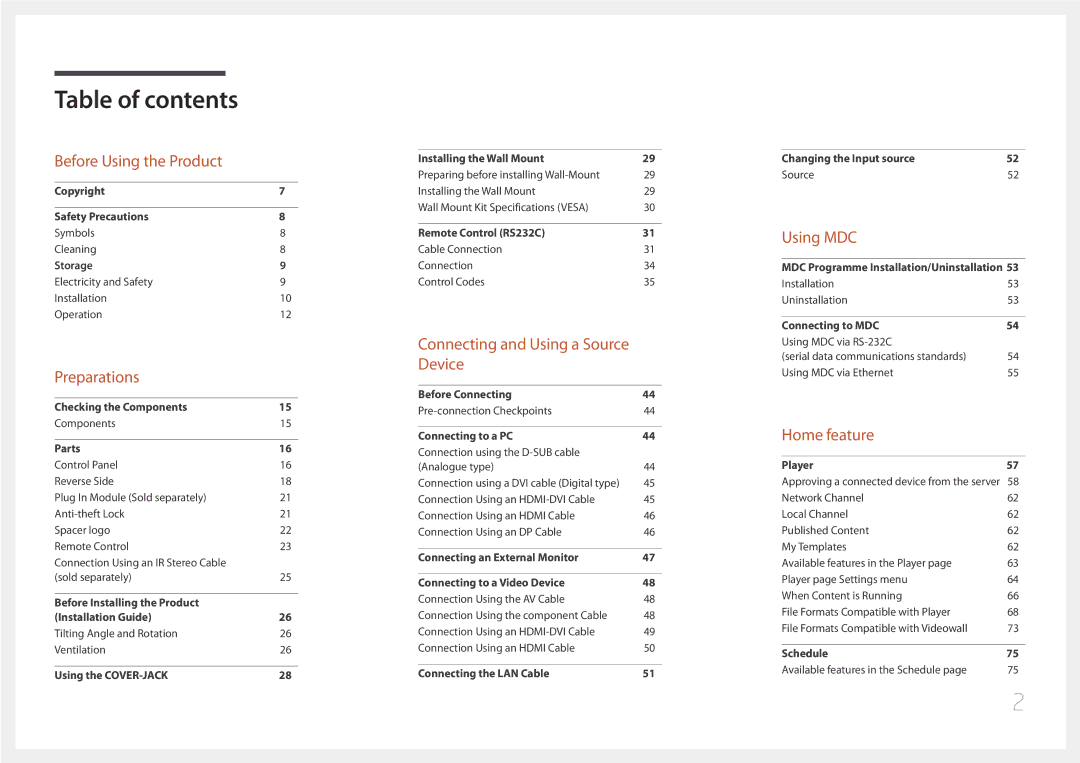 Samsung LH32DBEPLGC/EN, LH48DMEPLGC/EN, LH40DHEPLGC/EN, LH55DMEPLGC/EN, LH55DBEPLGC/EN, LH40DMEPLGC/EN manual Table of contents 