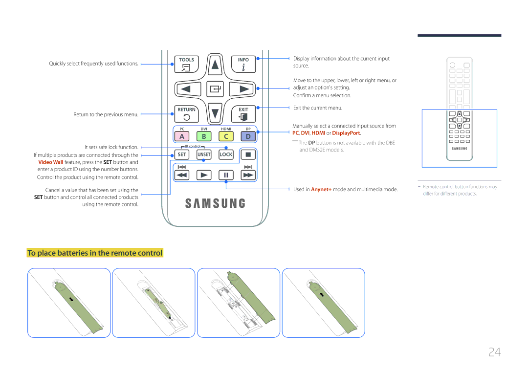 Samsung LH32DMEPLGC/UE, LH48DMEPLGC/EN To place batteries in the remote control, Quickly select frequently used functions 