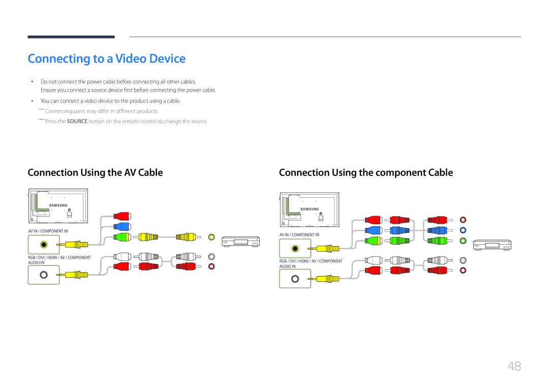 Samsung LH65DMEPLGC/CH Connecting to a Video Device, Connection Using the AV Cable, Connection Using the component Cable 