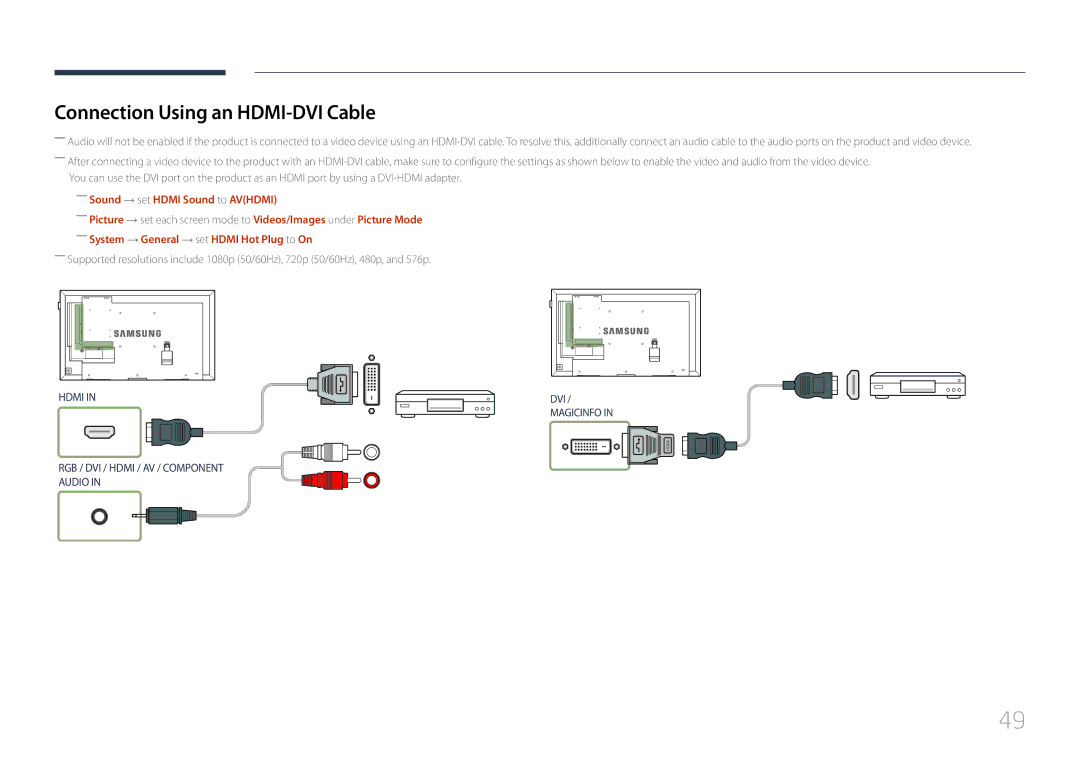 Samsung LH32DBEPLGC/CH, LH48DMEPLGC/EN manual Connection Using an HDMI-DVI Cable, ――Sound → set Hdmi Sound to Avhdmi 