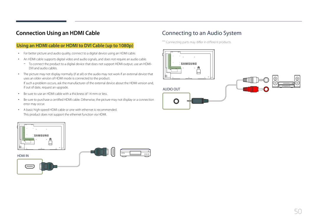 Samsung LH40DMEPLGC/CH manual Connection Using an Hdmi Cable, Using an Hdmi cable or Hdmi to DVI Cable up to 1080p 