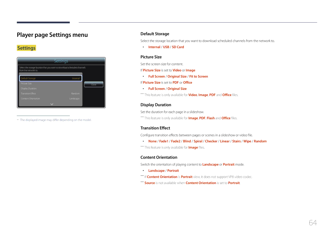 Samsung LH55DHEPLGC/EN, LH48DMEPLGC/EN manual Player page Settings menu, Internal / USB / SD Card, Landscape / Portrait 