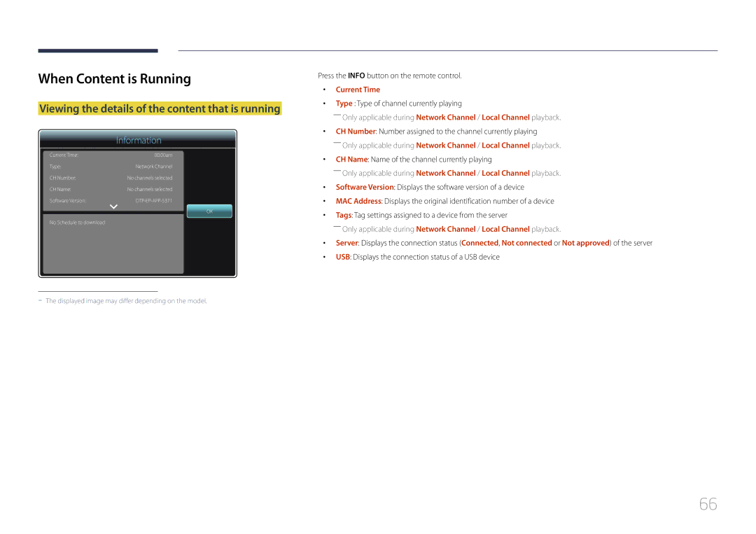 Samsung LH65DMEPLGC/EN manual When Content is Running, Viewing the details of the content that is running, Current Time 