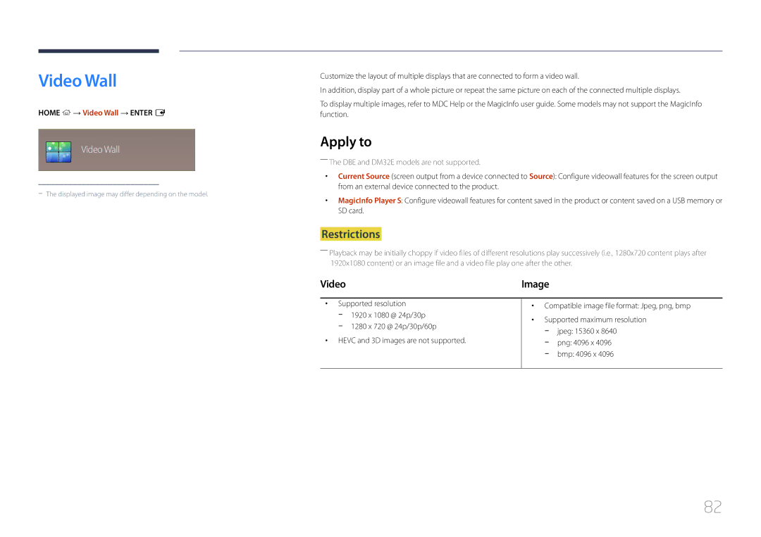 Samsung LH32DMEPLGC/UE, LH48DMEPLGC/EN, LH40DHEPLGC/EN, LH32DBEPLGC/EN manual Apply to, Home → Video Wall → Enter E 