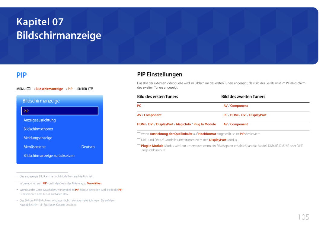 Samsung LH40DHEPLGC/EN manual Bildschirmanzeige, 105, PIP Einstellungen, Bild des ersten Tuners Bild des zweiten Tuners 