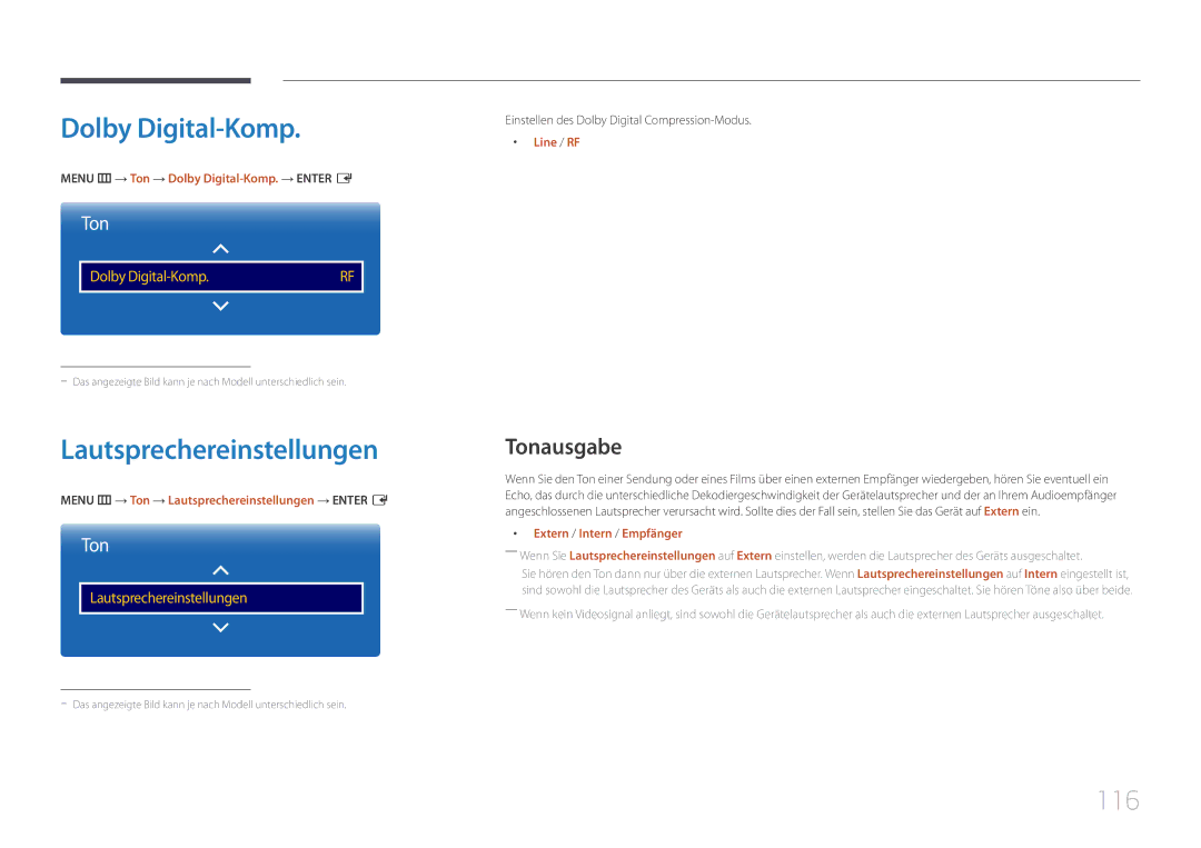 Samsung LH48DBEPLGC/EN, LH48DMEPLGC/EN, LH40DHEPLGC/EN manual Dolby Digital-Komp, Lautsprechereinstellungen, 116, Tonausgabe 