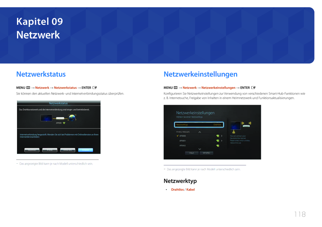 Samsung LH40DHEPLGC/EN, LH48DMEPLGC/EN, LH32DBEPLGC/EN, LH55DMEPLGC/EN manual Netzwerkeinstellungen, 118, Netzwerktyp 