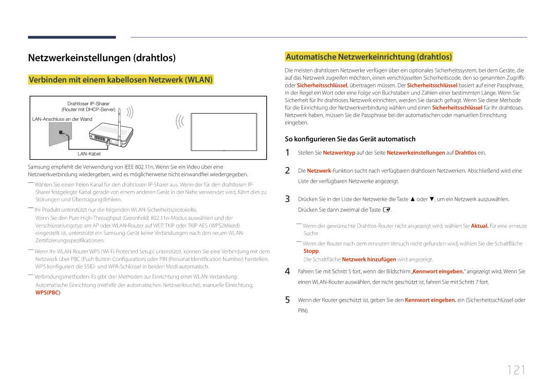 Samsung LH55DBEPLGC/EN manual 121, Netzwerkeinstellungen drahtlos, Verbinden mit einem kabellosen Netzwerk Wlan, Stopp 