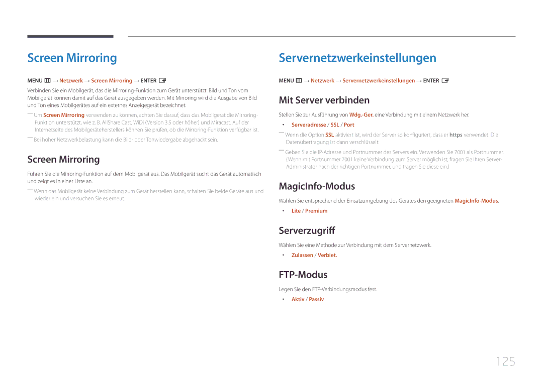 Samsung LH65DMEPLGC/EN, LH48DMEPLGC/EN, LH40DHEPLGC/EN, LH32DBEPLGC/EN Screen Mirroring, Servernetzwerkeinstellungen, 125 