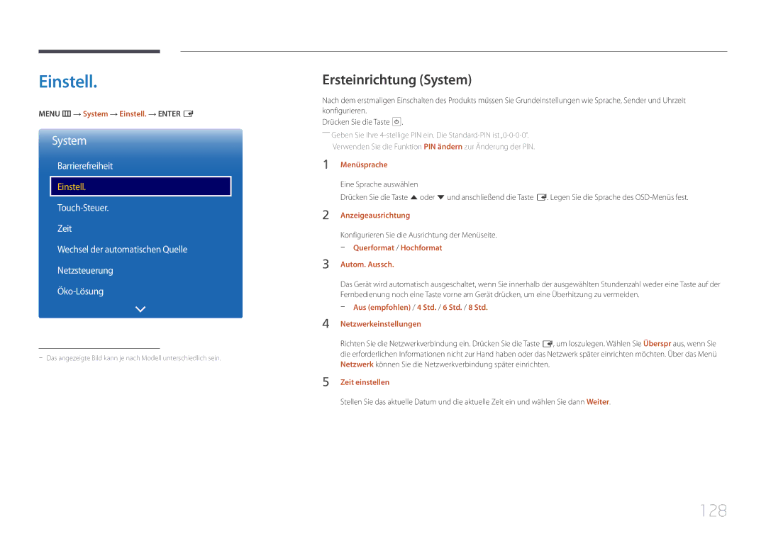 Samsung LH48DHEPLGC/EN, LH48DMEPLGC/EN, LH40DHEPLGC/EN manual Einstell, 128, Ersteinrichtung System, Barrierefreiheit 