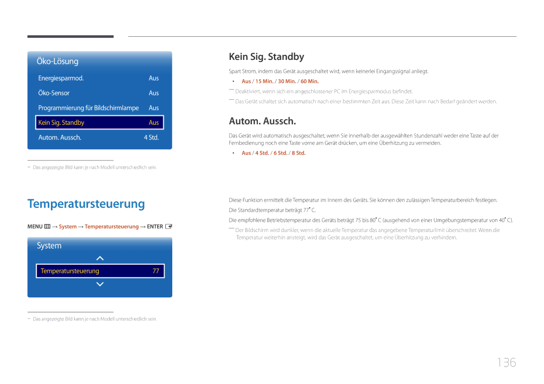 Samsung LH55DHEPLGC/EN manual Temperatursteuerung, 136, Kein Sig. Standby, Autom. Aussch, Energiesparmod Aus Öko-Sensor 