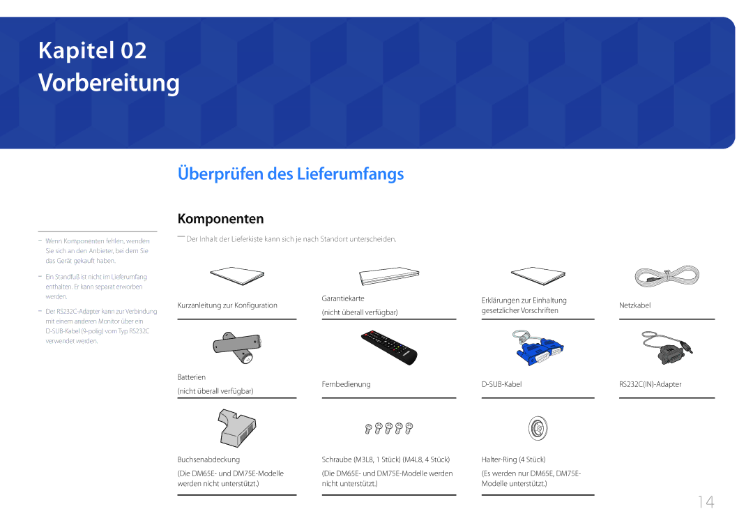 Samsung LH40DHEPLGC/EN, LH48DMEPLGC/EN, LH32DBEPLGC/EN manual Vorbereitung, Überprüfen des Lieferumfangs, Komponenten 