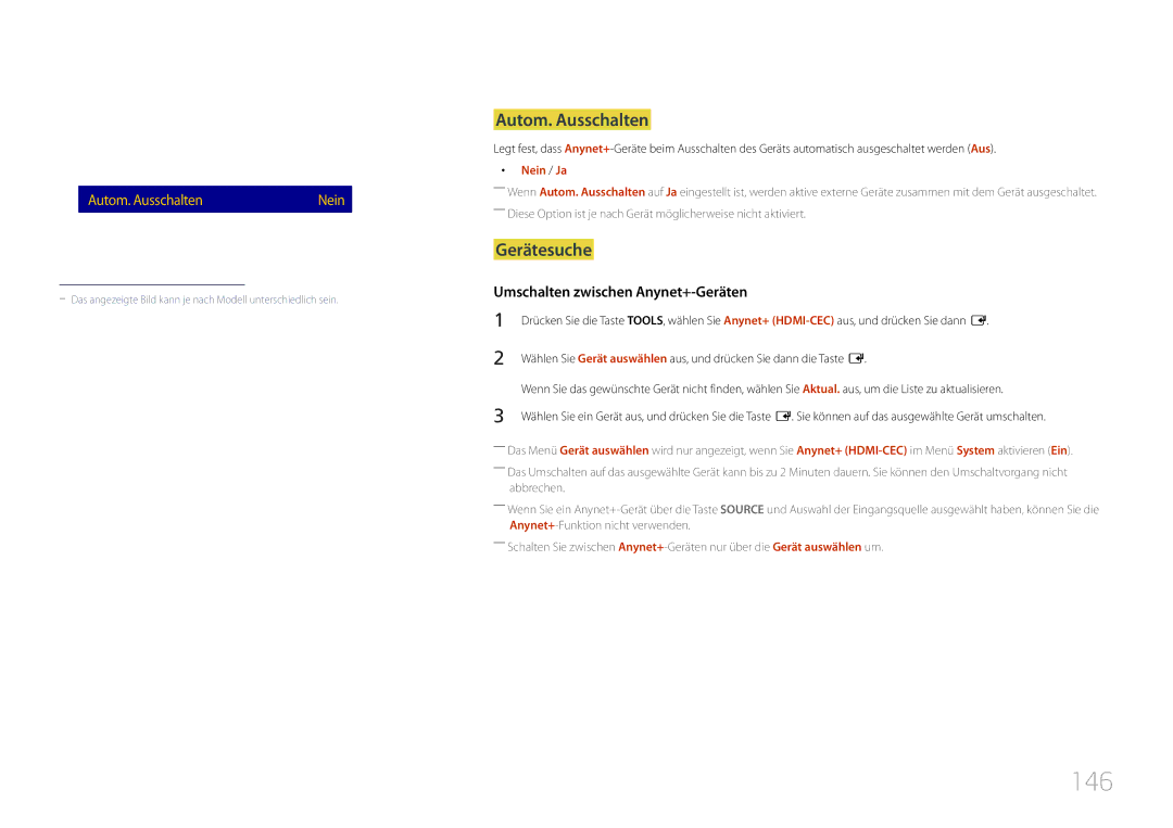 Samsung LH55DMEPLGC/EN manual 146, Anynet+ HDMI-CEC, Autom. Ausschalten, Gerätesuche, Umschalten zwischen Anynet+-Geräten 