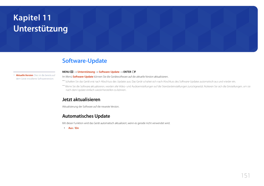 Samsung LH65DMEPLGC/EN, LH48DMEPLGC/EN manual Unterstützung, Software-Update, 151, Jetzt aktualisieren, Automatisches Update 