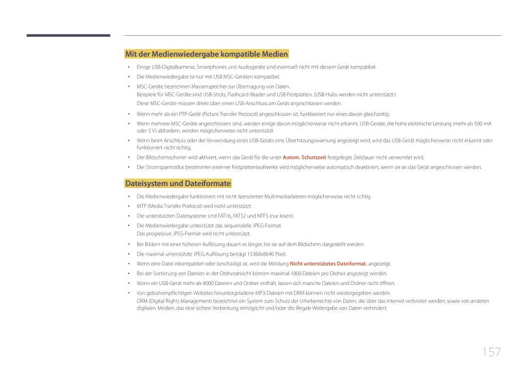 Samsung LH40DHEPLGC/EN, LH48DMEPLGC/EN manual 157, Mit der Medienwiedergabe kompatible Medien, Dateisystem und Dateiformate 