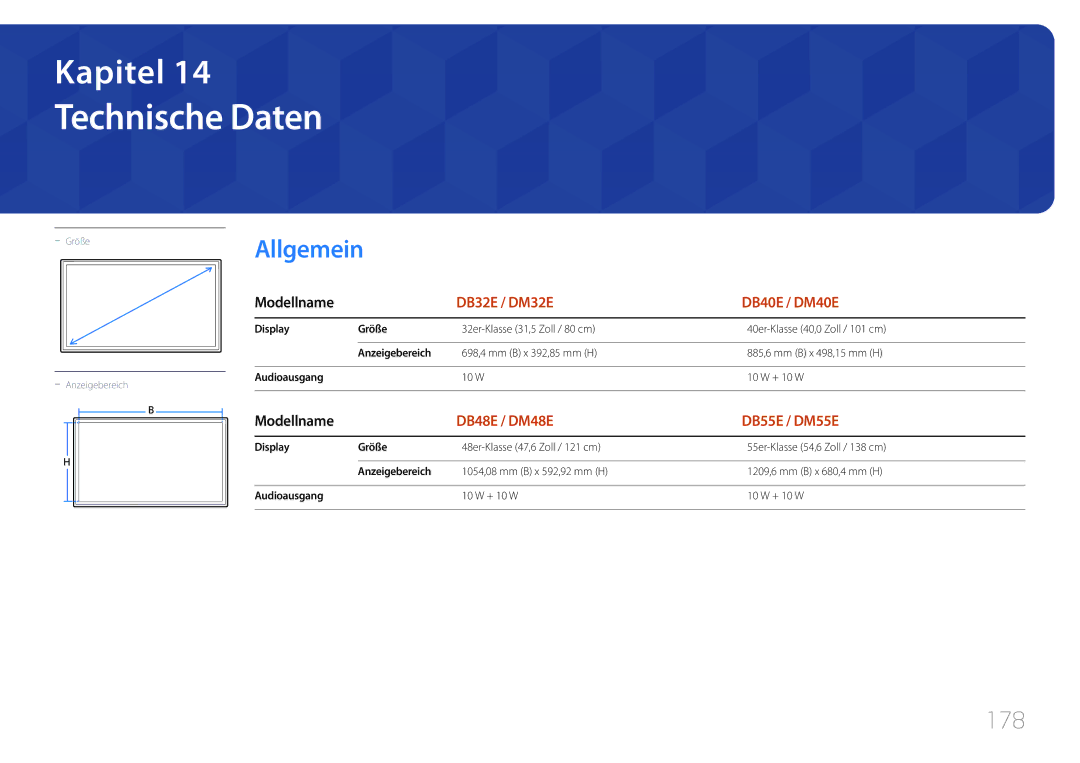 Samsung LH40DBEPLGC/EN, LH48DMEPLGC/EN, LH40DHEPLGC/EN Technische Daten, 178, Display Größe, Anzeigebereich, Audioausgang 