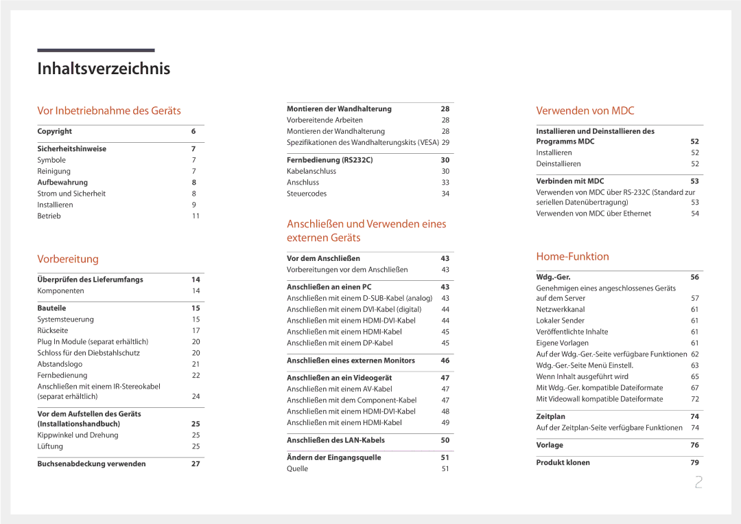 Samsung LH32DBEPLGC/EN, LH48DMEPLGC/EN, LH40DHEPLGC/EN, LH55DMEPLGC/EN, LH55DBEPLGC/EN, LH40DMEPLGC/EN manual Inhaltsverzeichnis 