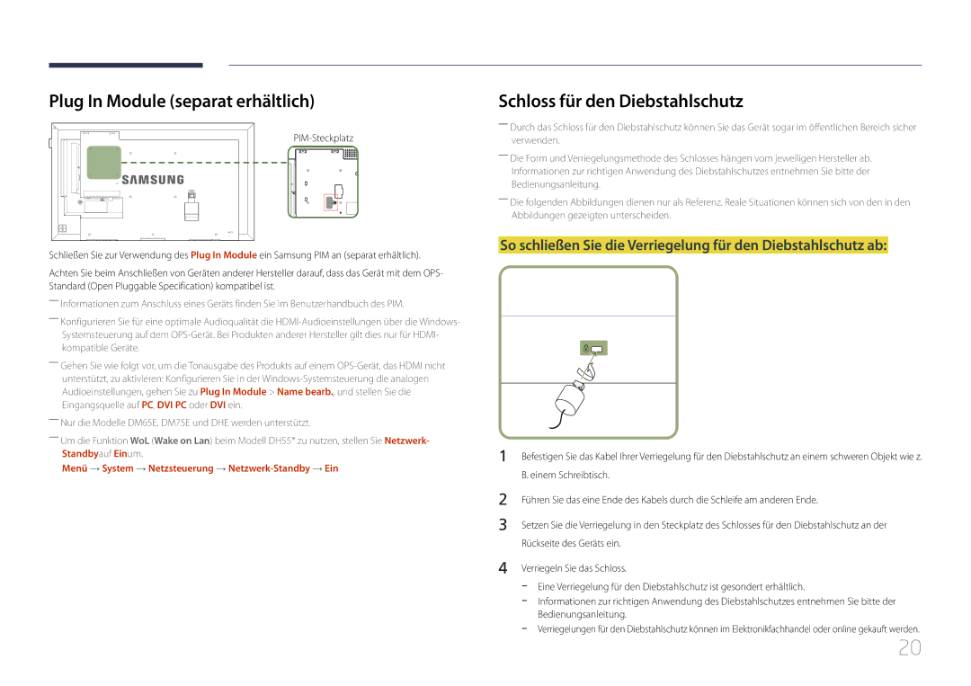 Samsung LH75DMEPLGC/EN manual Plug In Module separat erhältlich, Schloss für den Diebstahlschutz, Einem Schreibtisch 