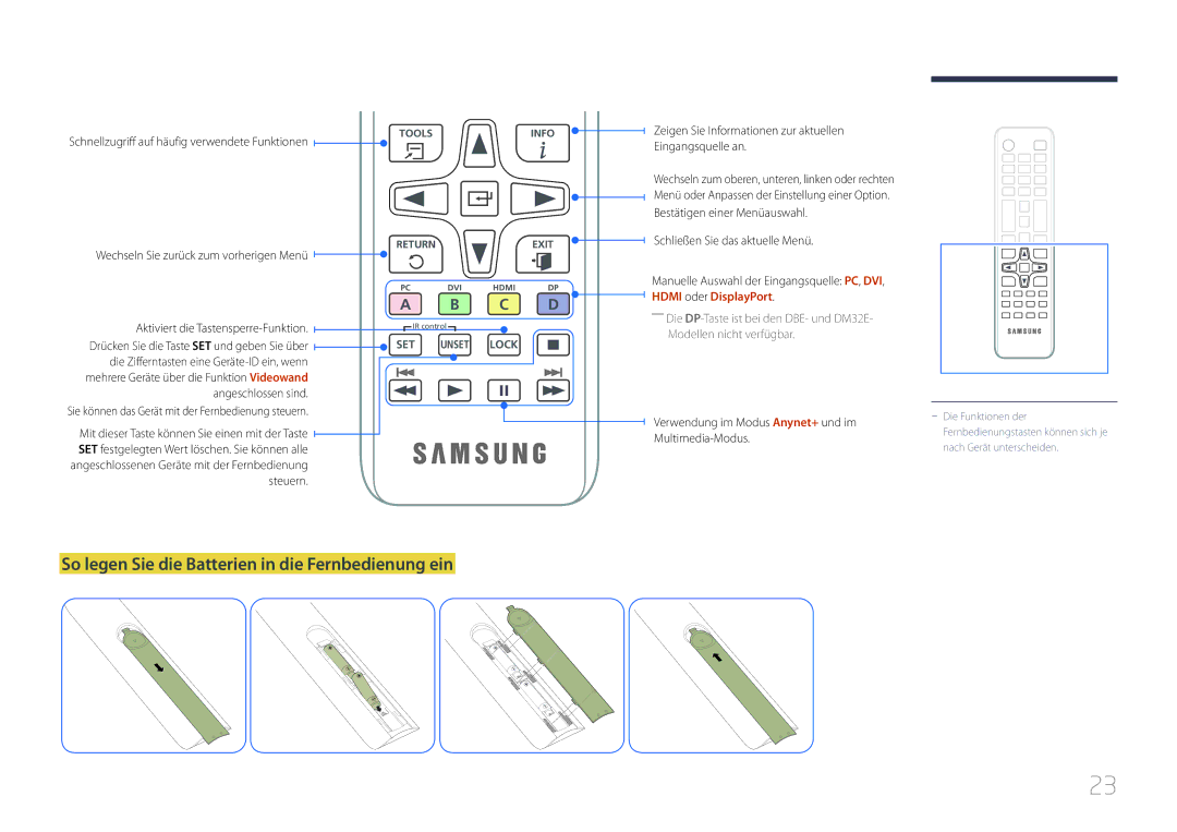 Samsung LH32DMEPLGC/EN manual So legen Sie die Batterien in die Fernbedienung ein, Aktiviert die Tastensperre-Funktion 