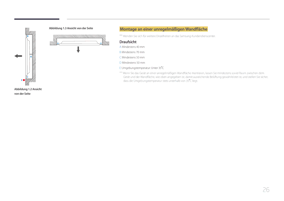 Samsung LH48DMEPLGC/EN manual Montage an einer unregelmäßigen Wandfläche, Draufsicht, Abbildung 1.3 Ansicht von der Seite 