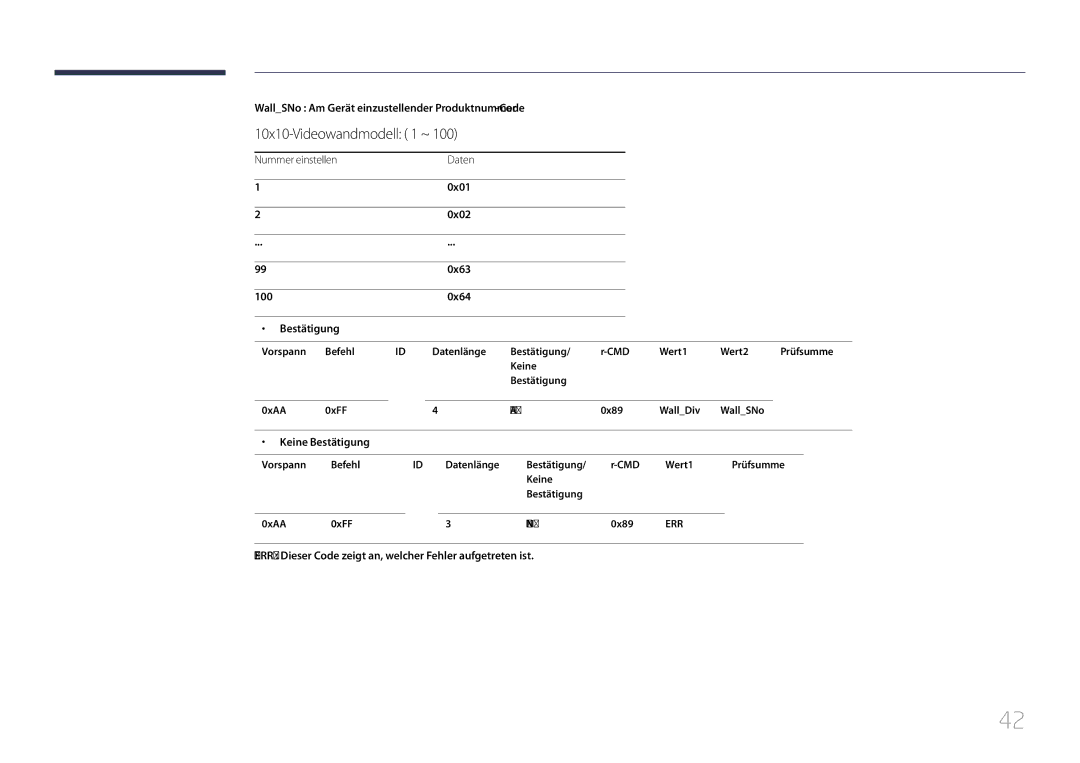 Samsung LH55DMEPLGC/EN 10x10-Videowandmodell 1 ~, WallSNo Am Gerät einzustellender Produktnummer-Code, 0x01 0x02 0x63 