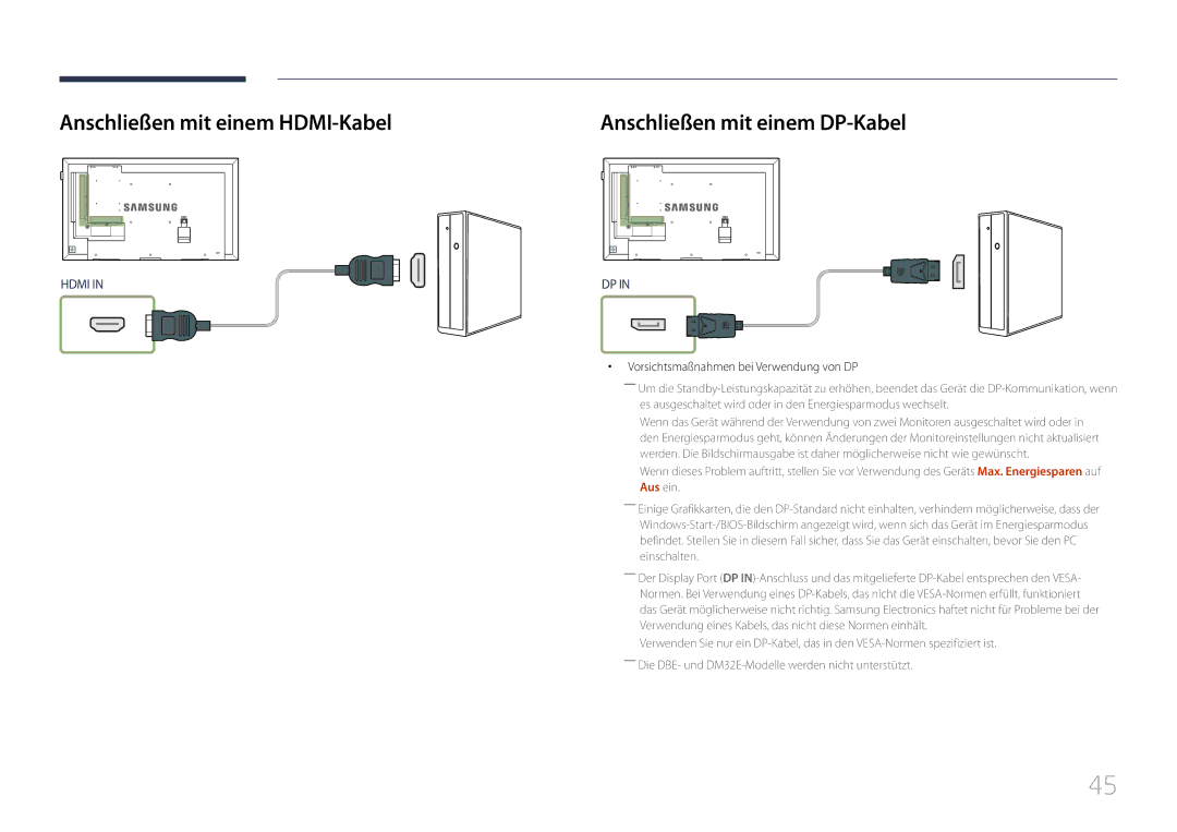 Samsung LH55DHEPLGC/EN, LH48DMEPLGC/EN, LH40DHEPLGC/EN Anschließen mit einem HDMI-Kabel, Anschließen mit einem DP-Kabel 