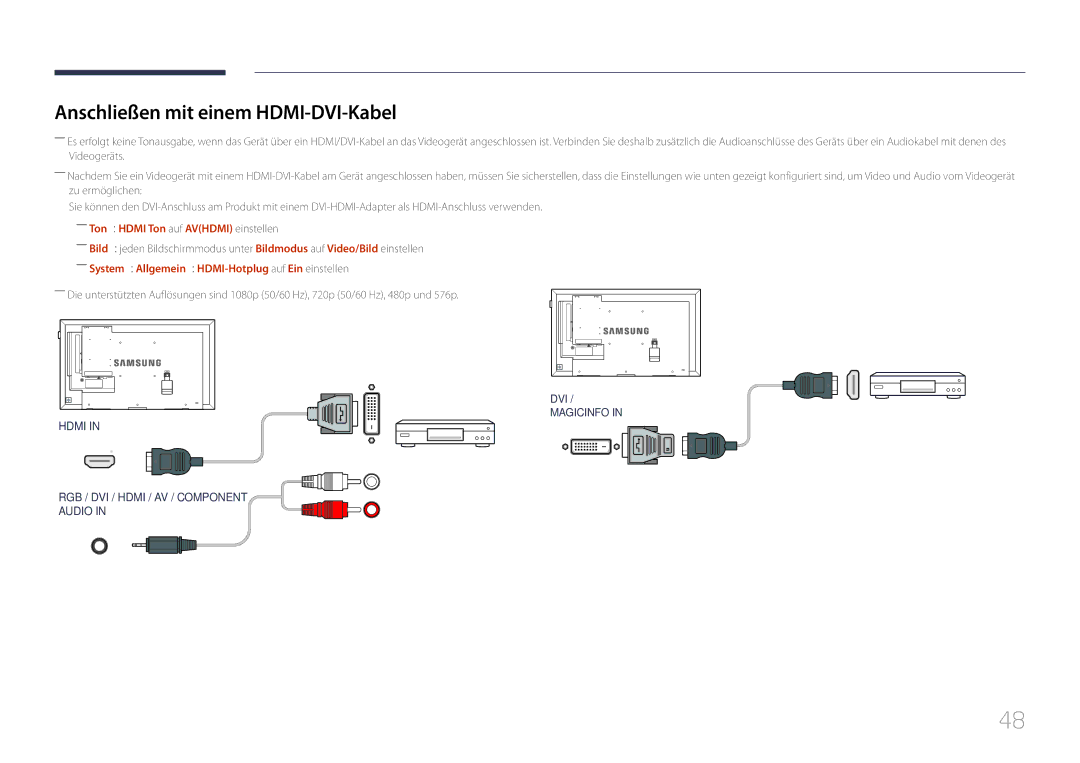 Samsung LH40DBEPLGC/EN, LH48DMEPLGC/EN, LH40DHEPLGC/EN, LH32DBEPLGC/EN, LH55DMEPLGC/EN, LH55DBEPLGC/EN manual Hdmi DVI Magicinfo 