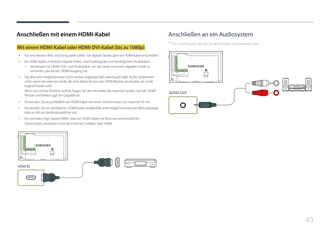 Samsung LH32DMEPLGC/EN manual Anschließen mit einem HDMI-Kabel, Mit einem HDMI-Kabel oder HDMI-DVI-Kabel bis zu 1080p 