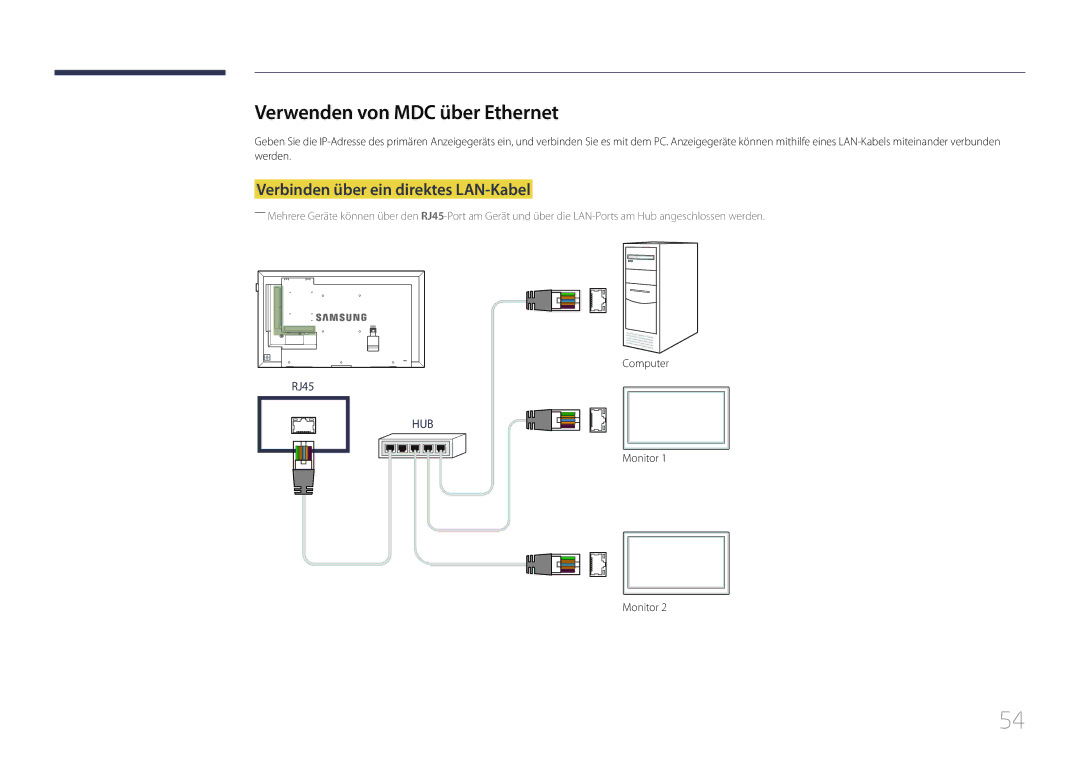 Samsung LH32DBEPLGC/EN, LH48DMEPLGC/EN manual Verwenden von MDC über Ethernet, Verbinden über ein direktes LAN-Kabel 