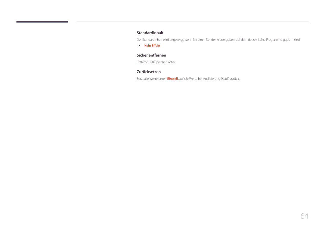 Samsung LH48DBEPLGC/EN manual Standardinhalt, Sicher entfernen, Zurücksetzen, Kein Effekt, Entfernt USB-Speicher sicher 