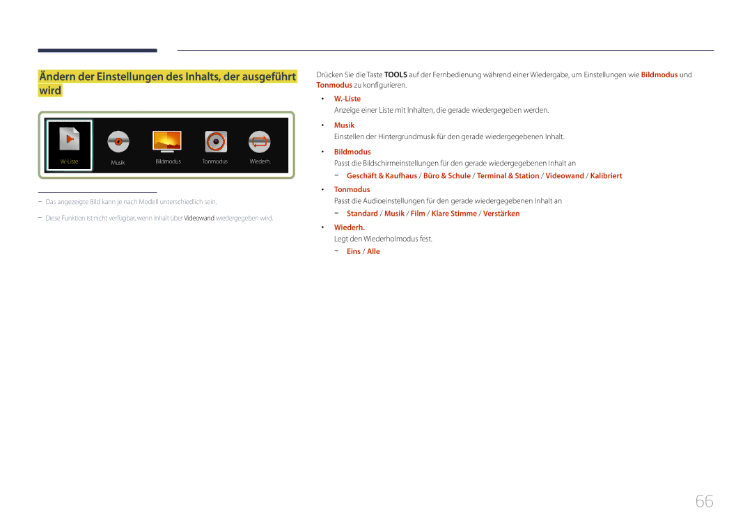 Samsung LH40DHEPLGC/EN manual Ändern der Einstellungen des Inhalts, der ausgeführt wird, Liste, Musik, Bildmodus, Wiederh 