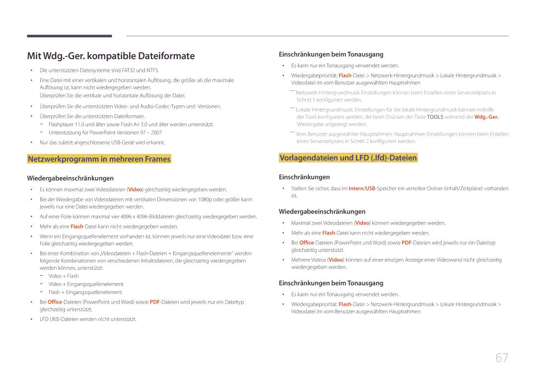 Samsung LH32DBEPLGC/EN, LH48DMEPLGC/EN manual Mit Wdg.-Ger. kompatible Dateiformate, Netzwerkprogramm in mehreren Frames 