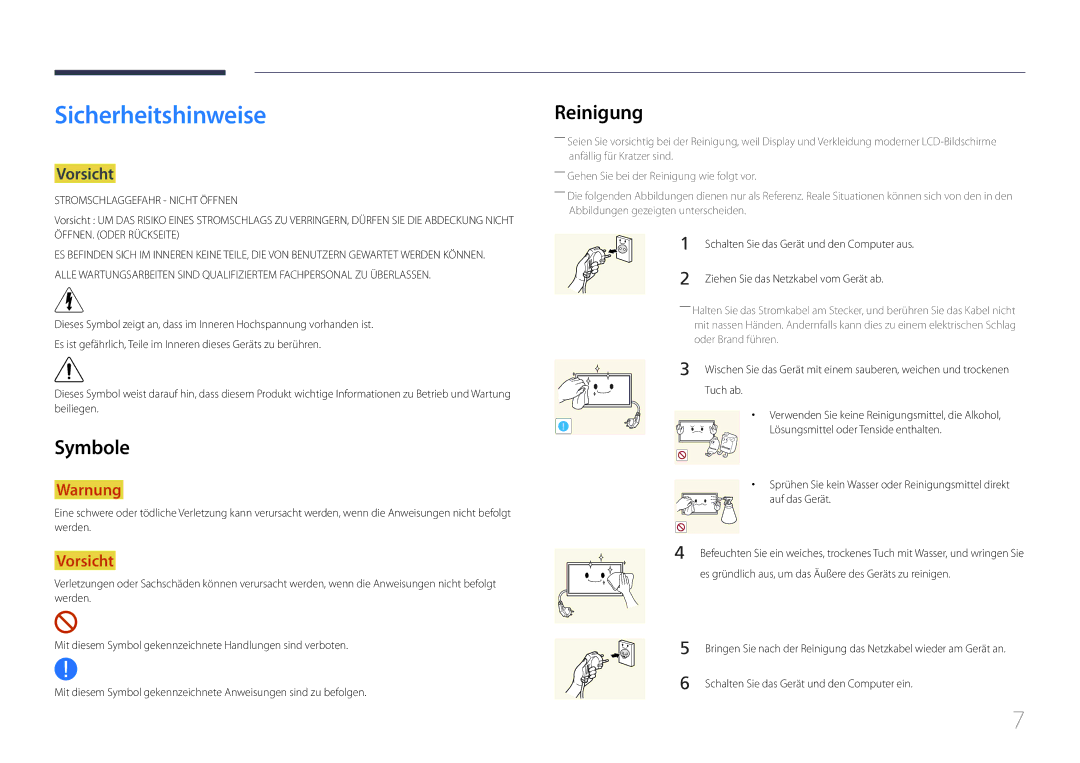 Samsung LH75DMEPLGC/EN, LH48DMEPLGC/EN, LH40DHEPLGC/EN, LH32DBEPLGC/EN Sicherheitshinweise, Reinigung, Symbole, Vorsicht 