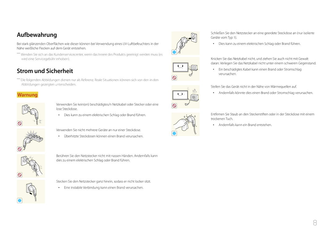 Samsung LH65DMEPLGC/EN, LH48DMEPLGC/EN, LH40DHEPLGC/EN, LH32DBEPLGC/EN, LH55DMEPLGC/EN Aufbewahrung, Strom und Sicherheit 