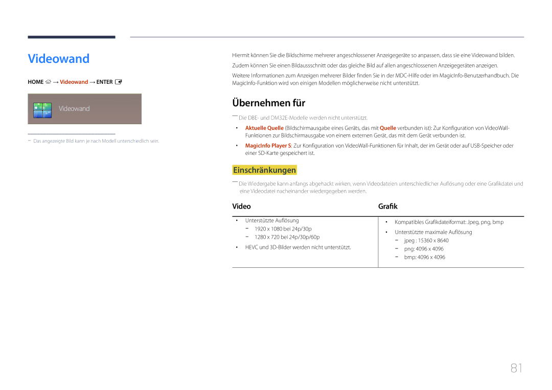 Samsung LH55DMEPLGC/EN, LH48DMEPLGC/EN, LH40DHEPLGC/EN, LH32DBEPLGC/EN manual Übernehmen für, Home → Videowand → Enter E 