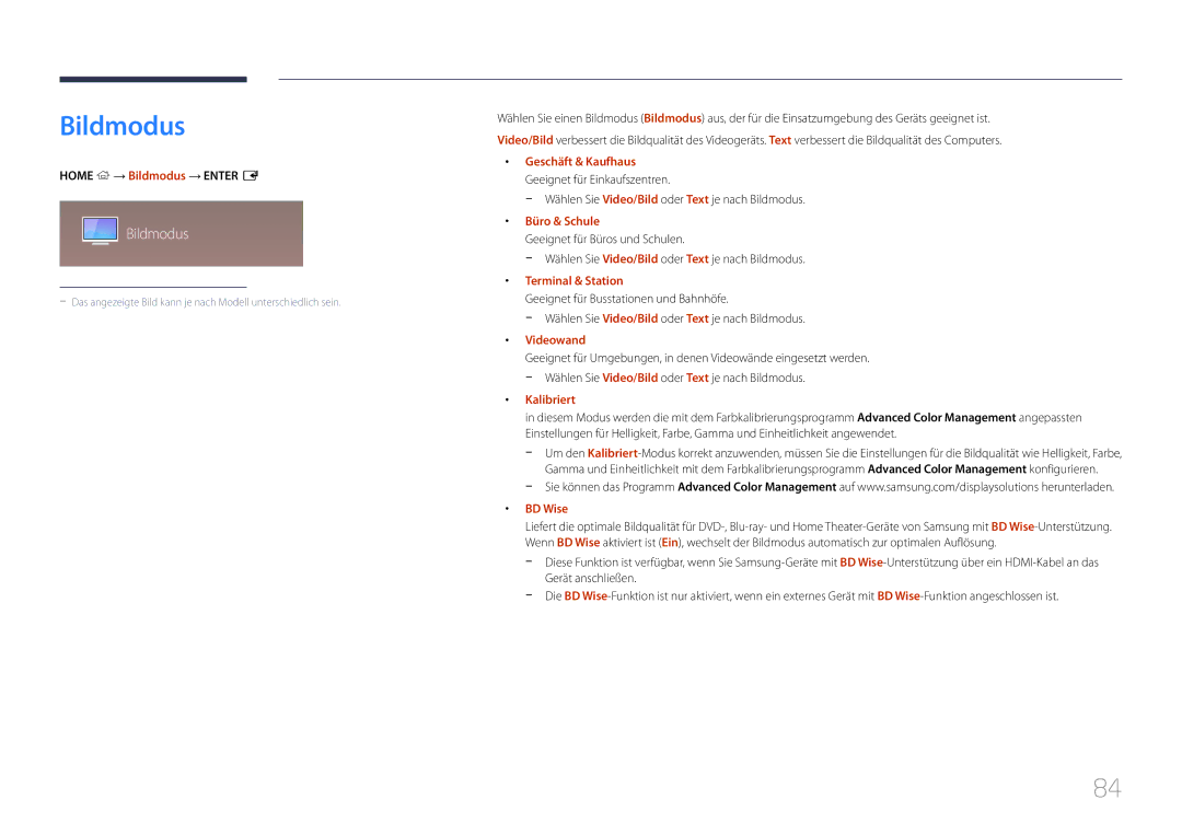 Samsung LH55DHEPLGC/EN, LH48DMEPLGC/EN, LH40DHEPLGC/EN, LH32DBEPLGC/EN, LH55DMEPLGC/EN, LH55DBEPLGC/EN manual Bildmodus 