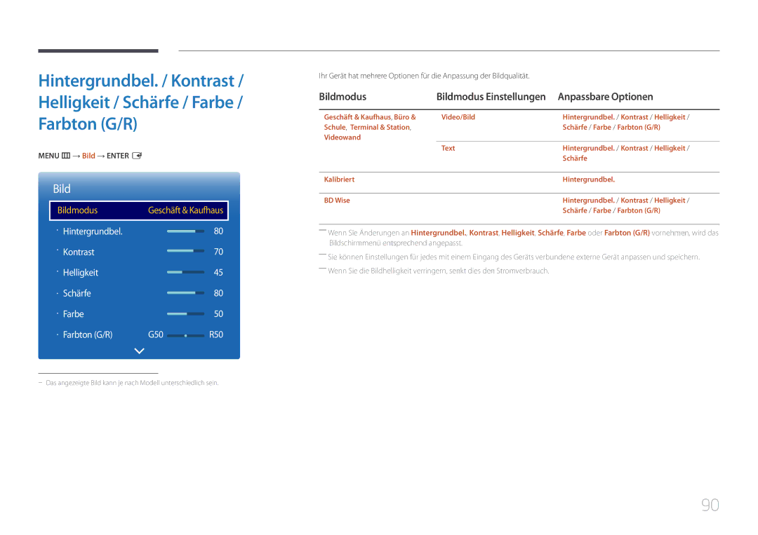 Samsung LH48DBEPLGC/EN, LH48DMEPLGC/EN manual Anpassbare Optionen, Bildmodus Einstellungen, Menu m → Bild → Enter E 