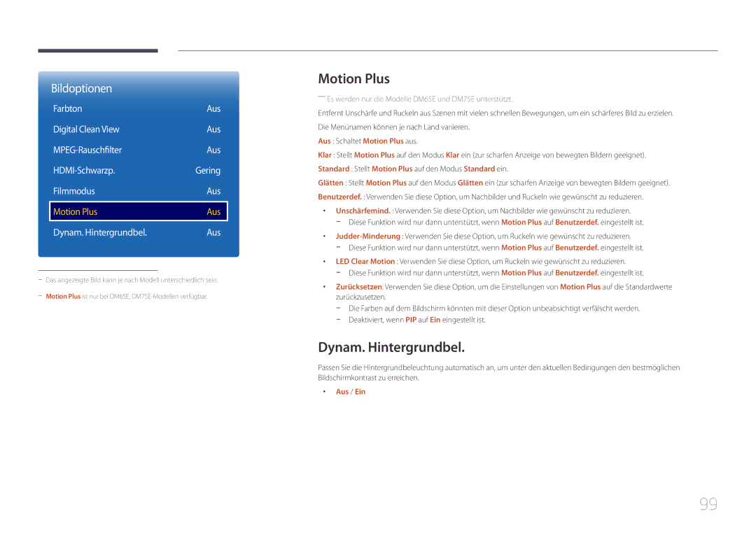 Samsung LH65DMEPLGC/EN, LH48DMEPLGC/EN, LH40DHEPLGC/EN manual Motion Plus, Filmmodus Aus, Dynam. Hintergrundbel Aus 