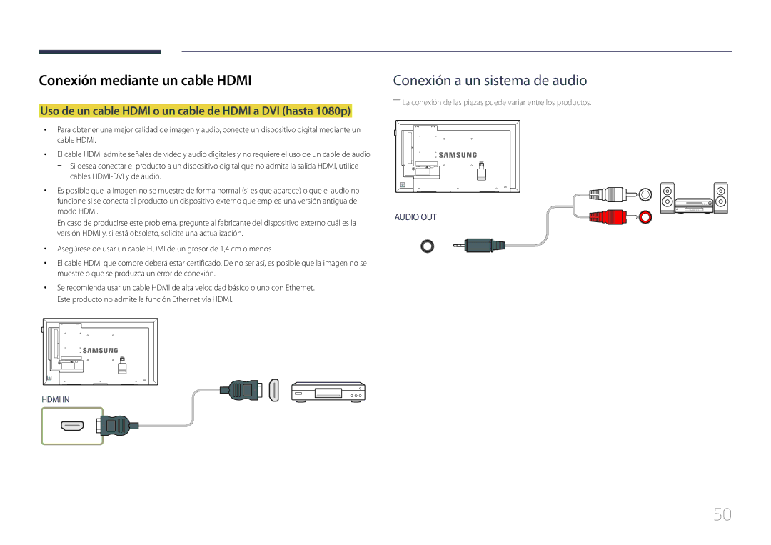 Samsung LH48DHEPLGC/EN manual Conexión mediante un cable Hdmi, Uso de un cable Hdmi o un cable de Hdmi a DVI hasta 1080p 