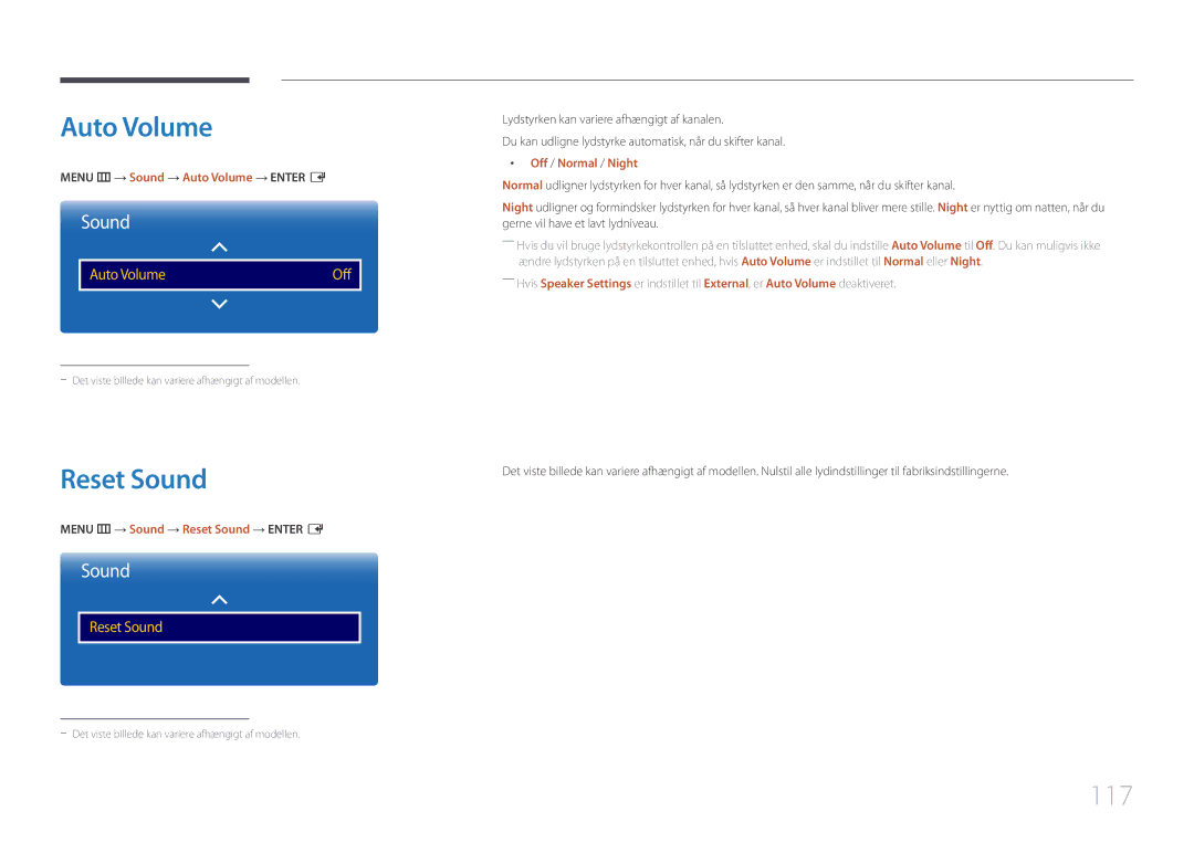 Samsung LH48DMEPLGC/EN, LH40DHEPLGC/EN, LH32DBEPLGC/EN, LH55DMEPLGC/EN, LH55DBEPLGC/EN manual Auto Volume, Reset Sound, 117 