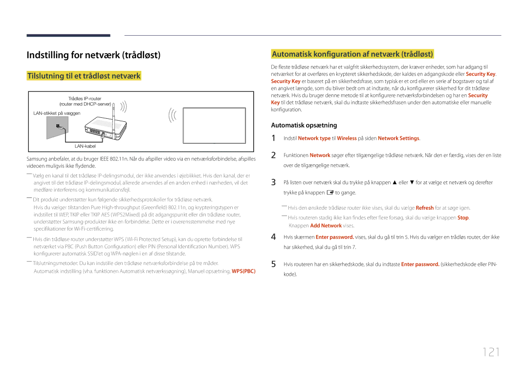 Samsung LH55DBEPLGC/EN, LH48DMEPLGC/EN manual 121, Indstilling for netværk trådløst, Tilslutning til et trådløst netværk 