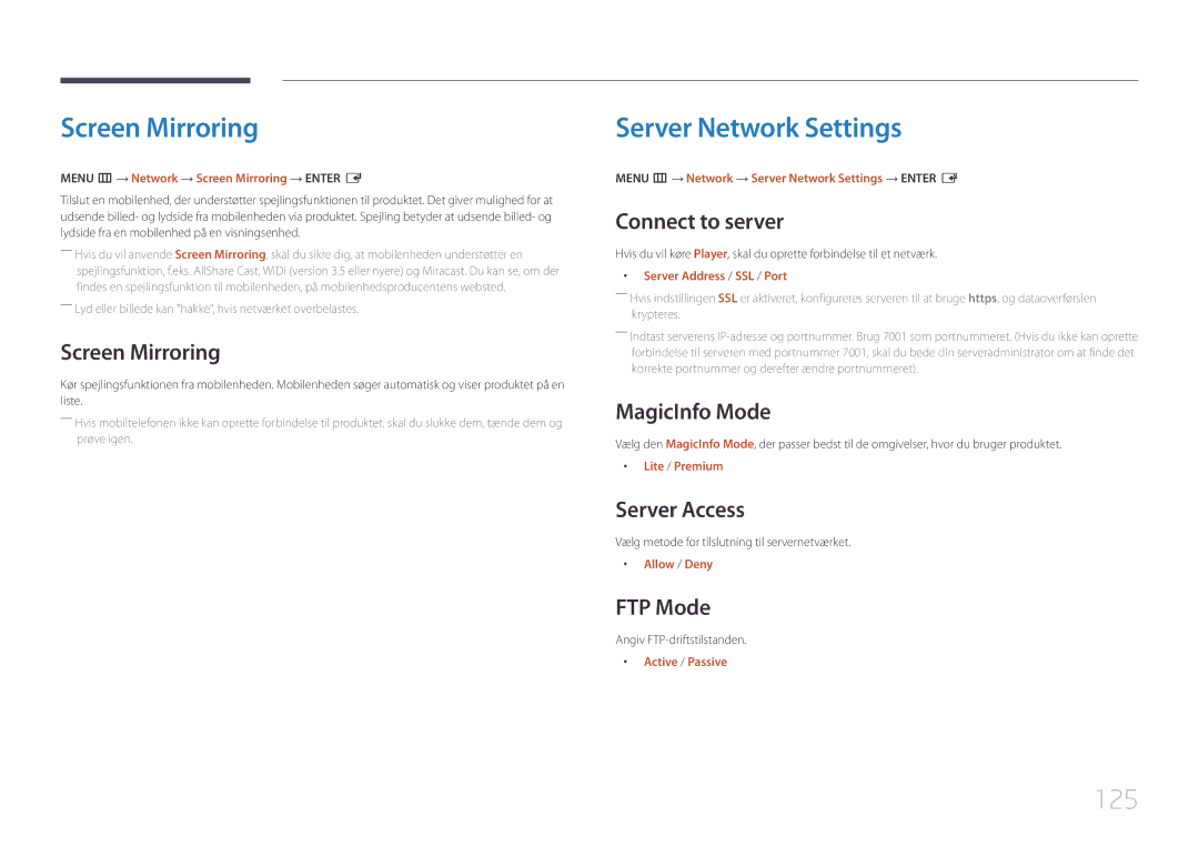 Samsung LH65DMEPLGC/EN, LH48DMEPLGC/EN, LH40DHEPLGC/EN, LH32DBEPLGC/EN manual Screen Mirroring, Server Network Settings, 125 