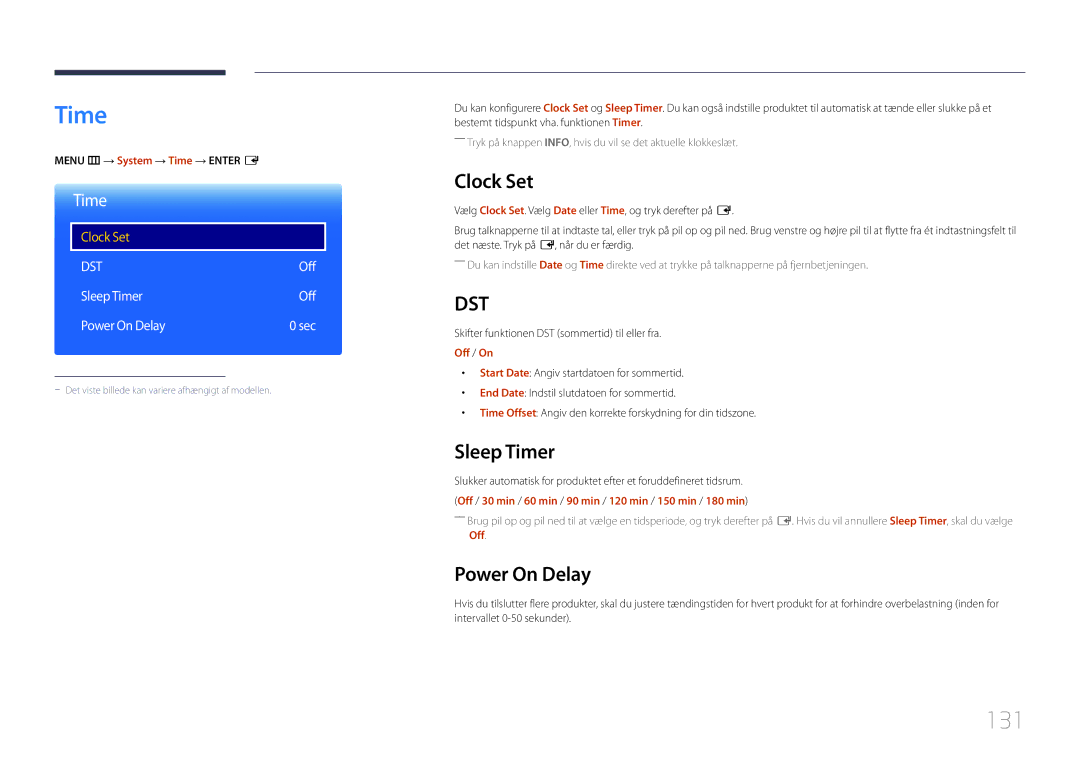 Samsung LH40DHEPLGC/EN, LH48DMEPLGC/EN, LH32DBEPLGC/EN, LH55DMEPLGC/EN manual 131, Clock Set, Sleep Timer, Power On Delay 