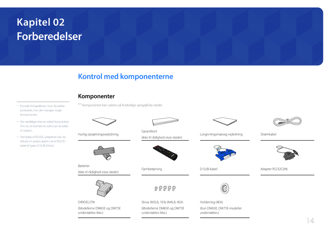 Samsung LH40DHEPLGC/EN manual Forberedelser, Kontrol med komponenterne, Komponenter, Fjernbetjening, Understøttes ikke 