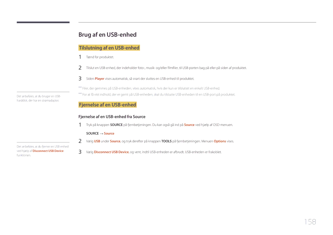 Samsung LH32DBEPLGC/EN, LH48DMEPLGC/EN 158, Brug af en USB-enhed, Tilslutning af en USB-enhed, Fjernelse af en USB-enhed 