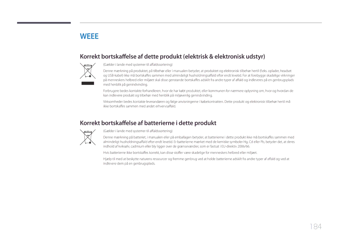 Samsung LH32DBEPLGC/EN, LH48DMEPLGC/EN, LH40DHEPLGC/EN manual 184, Korrekt bortskaffelse af batterierne i dette produkt 