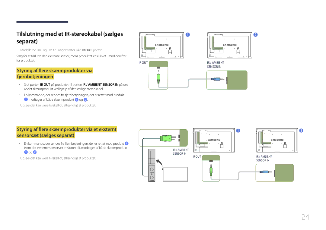 Samsung LH48DHEPLGC/EN, LH48DMEPLGC/EN, LH40DHEPLGC/EN manual Tilslutning med et IR-stereokabel sælges Separat, For produktet 