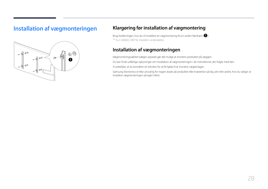 Samsung LH32DBEPLGC/EN, LH48DMEPLGC/EN manual Installation af vægmonteringen, Klargøring før installation af vægmontering 