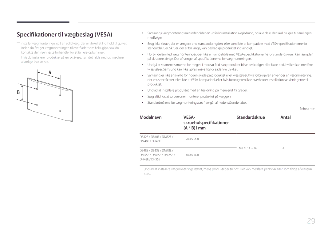 Samsung LH55DMEPLGC/EN Specifikationer til vægbeslag Vesa, Modelnavn, Standardskrue Antal Skruehulspecifikationer I mm 